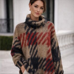 Hugo Boss Made in Italy Mohair Blend Plaid Sweater Oversized Turtleneck Size M